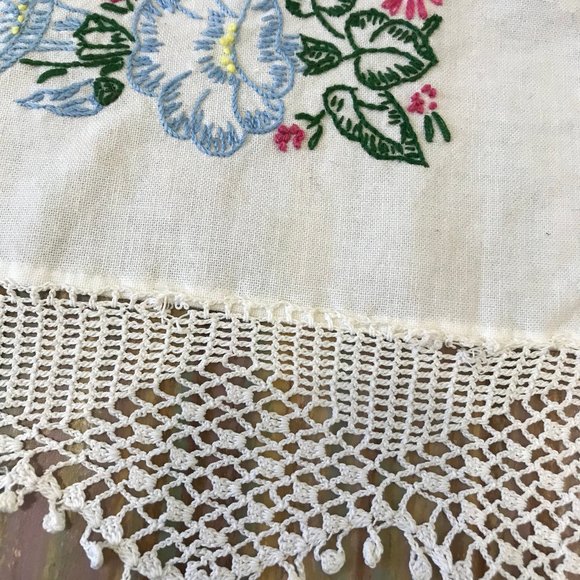 Hand Embroidered White Cotton Vanity Dresser Table Mat Crochet Trim Blue Floral - Picture 2 of 4